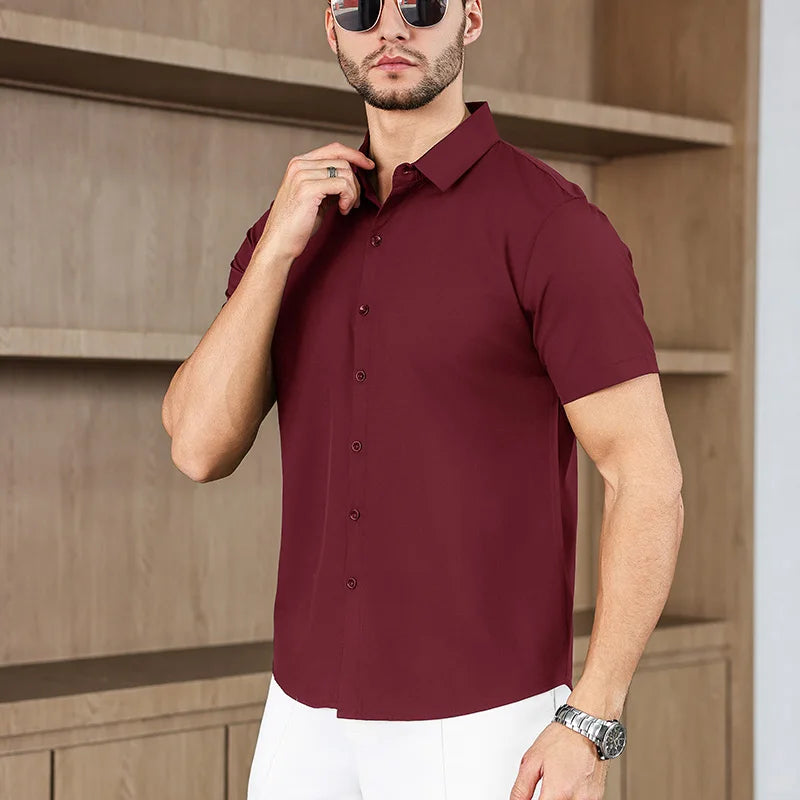 Noxwear -New Men's Business Casual Solid Color Short Sleeved Shirt for Summer Fashion No Ironing Comfortable and Versatile Top