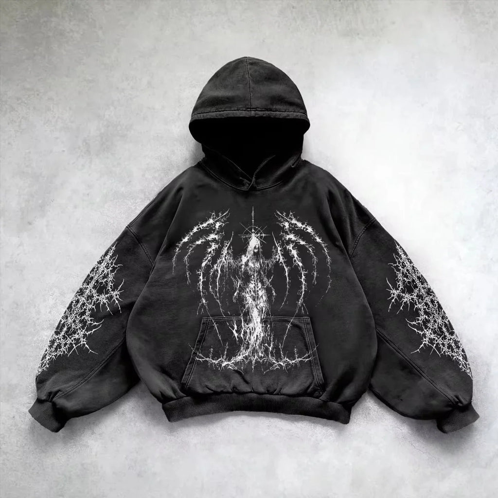 Noxwear - 6xl Retro Gothic Evil Angel Print Hip Hop Hoodie for Men Y2k Punk Casual Loose Pullover Women Streetwear Sweatshirt Hoodies