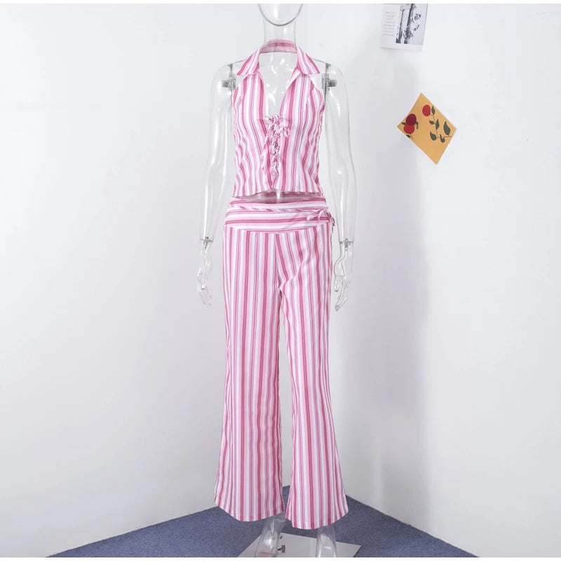 Noxwear Striped Lace Up Vest Pants Set Women Sleeveless Backless Top High Waisted Trousers Sets Female 2026 New Lady Streetwear Outfit