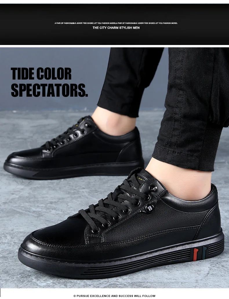 Noxwear - New Shoes for Men Genuine Leather Casual Shoes Spring Autumn Cool Black Flat Skateboard Shoes Youth Fashion Slip-on Sneakers