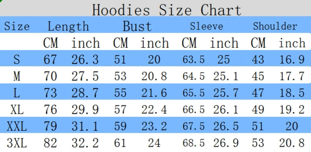 Size chart for Men’s Hooded Sweatshirt, showing measurements in cm and inches for various sizes S to 3XL.