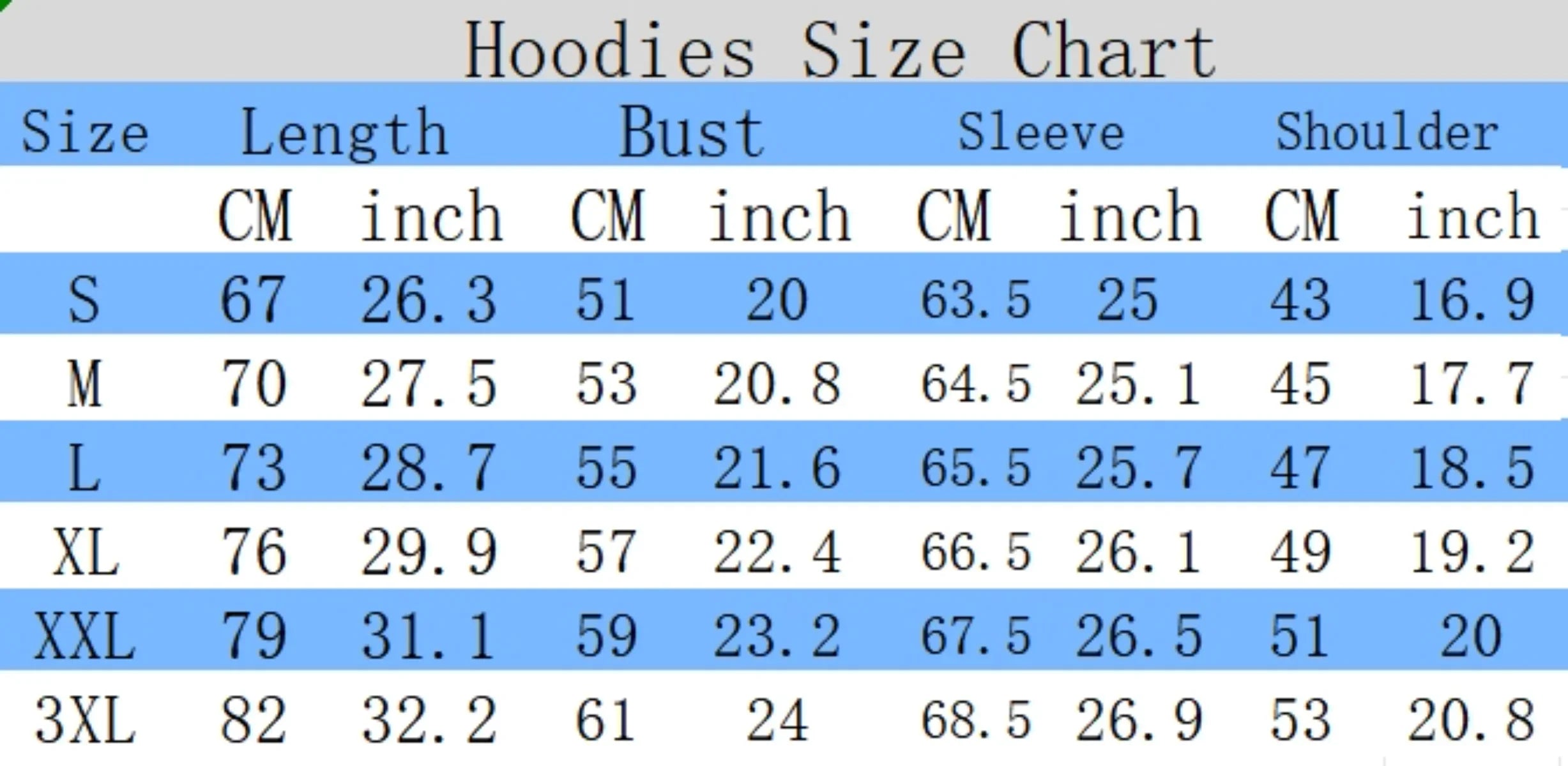 Size chart for Men’s Hooded Sweatshirt, showing measurements in cm and inches for various sizes S to 3XL.