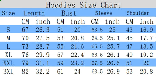Size chart for Men’s Hooded Sweatshirt, showing measurements in cm and inches for various sizes S to 3XL.