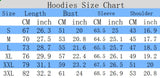 Size chart for Men’s Hooded Sweatshirt, showing measurements in cm and inches for various sizes S to 3XL.