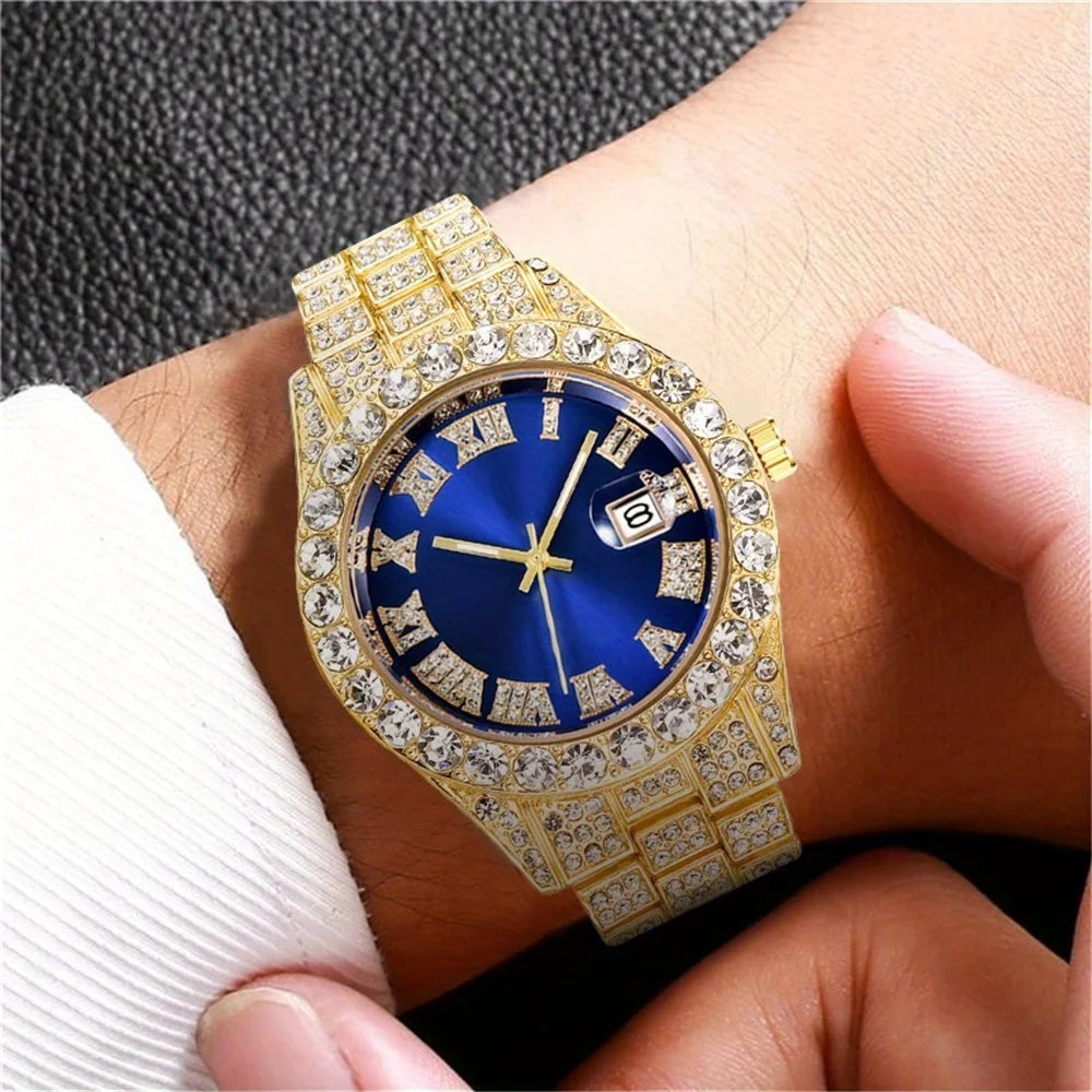 Noxwear - Mens Hip Hop Watch VintagInspired Retro Quartz Timepiece with Oversized Rhinestone Dial and Durable Stainless Steel Band for Men