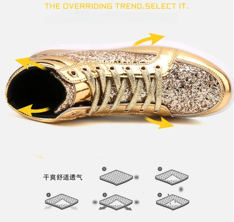 Noxwear - Men's Boots Nightclubs Fashiona Sequins With Diamonds Gold Leather Boots Trendy High Top Sports Casual Shoes Large Size 38-48
