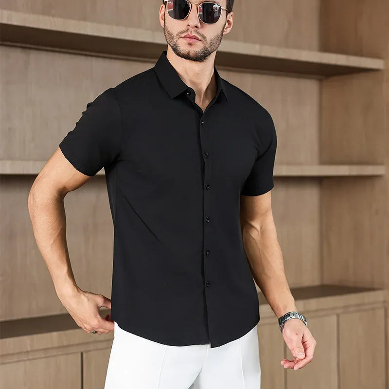 Noxwear -New Men's Business Casual Solid Color Short Sleeved Shirt for Summer Fashion No Ironing Comfortable and Versatile Top