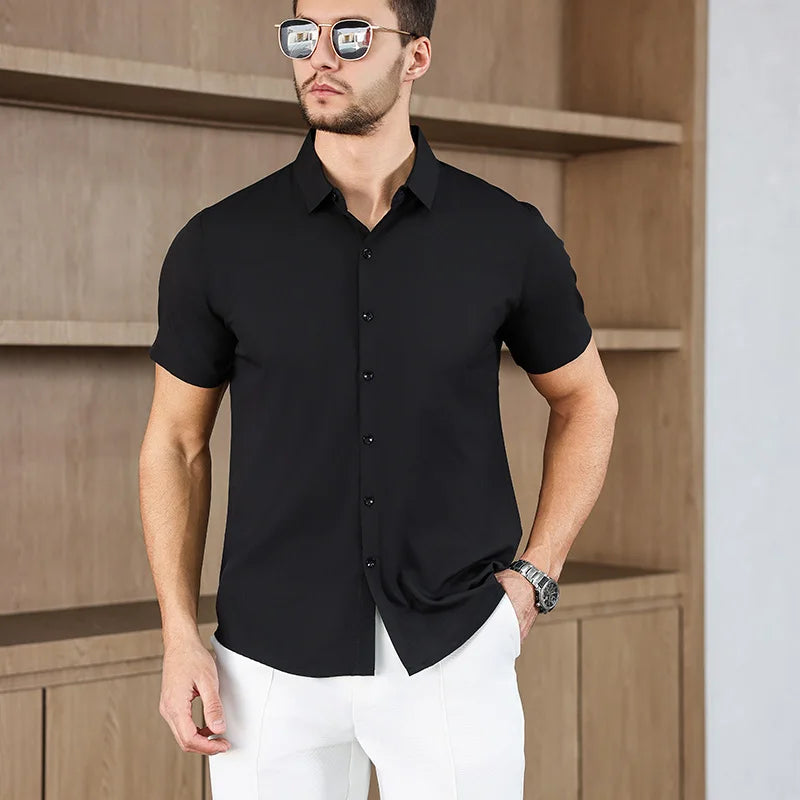 Noxwear -New Men's Business Casual Solid Color Short Sleeved Shirt for Summer Fashion No Ironing Comfortable and Versatile Top