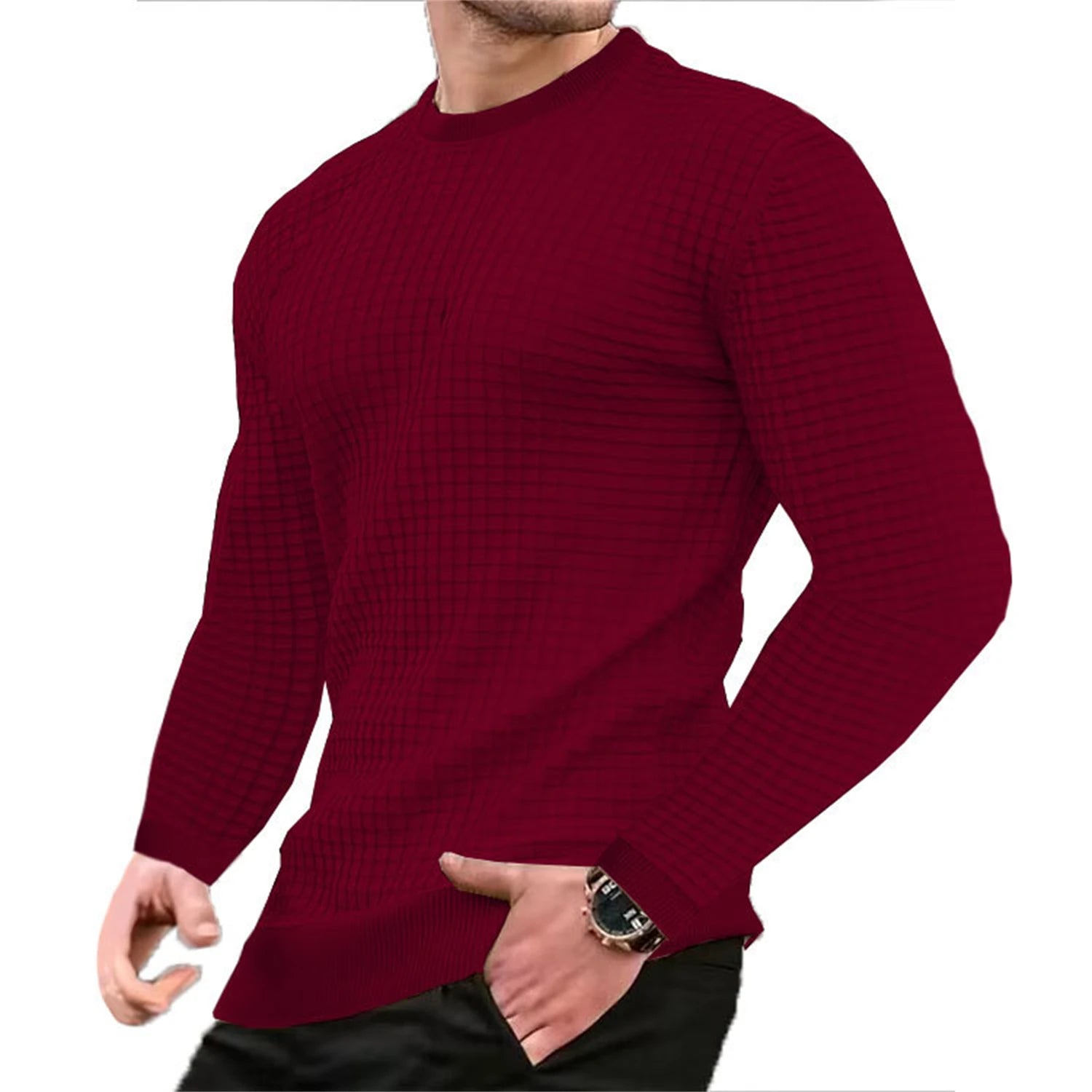 Noxwear - Men's coat fashion small check Waffle youth round neck jacquard check hoodie