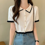 Noxwear Sweet Women Shirt Korean Knitted Turn Down Collar Chic Short Sleeve Female Blouse Summer Retro Slim All Match Ladies Crop Tops