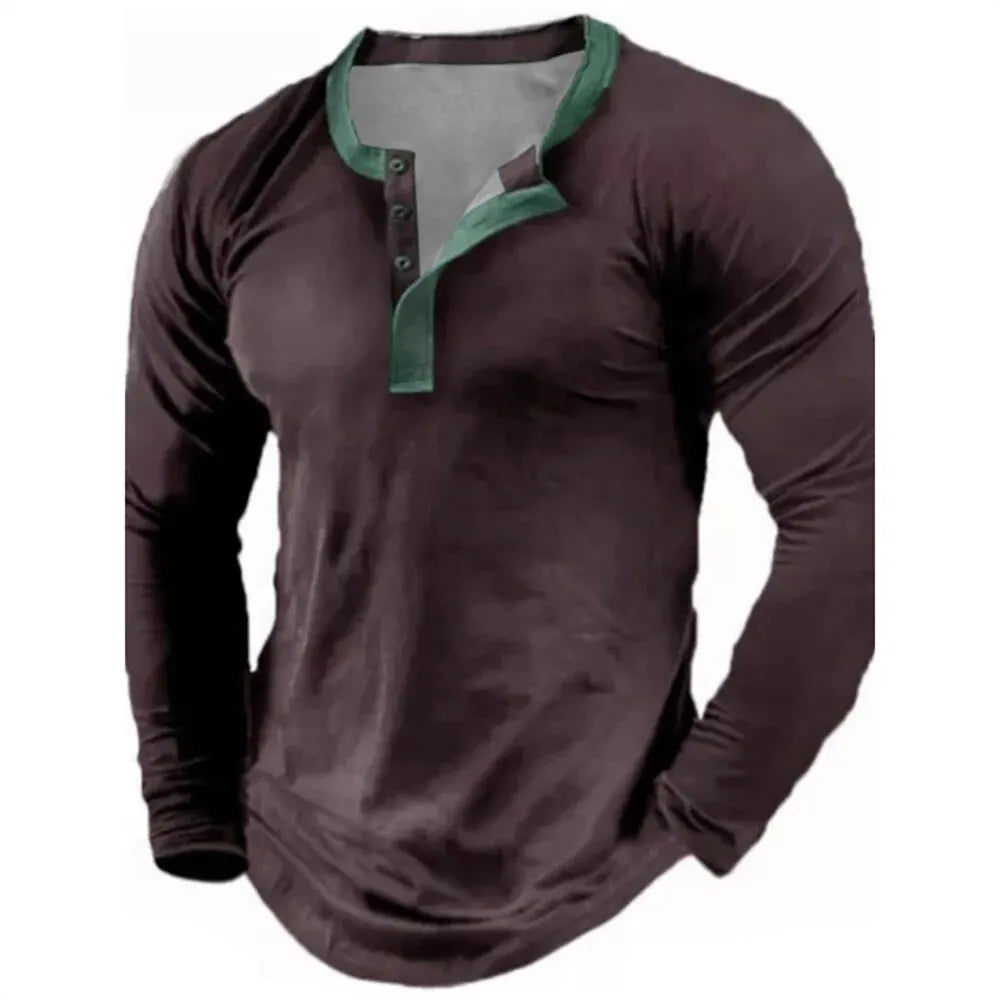 Noxwear - Spring Autumn Solid Color Henley Shirts 3D Printed Men's Fashion Vintage Button-Down Long Sleeve T Shirt Man Tees Tops Clothing