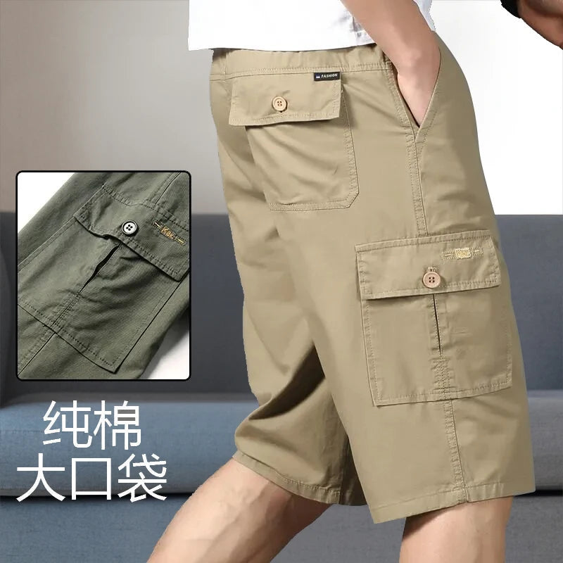 Noxwear - Mens Cargo Shorts Knee Pants Zipper Pocket Summer Cotton Shorts Climbing Jogger Elastic Waist Sports Wear