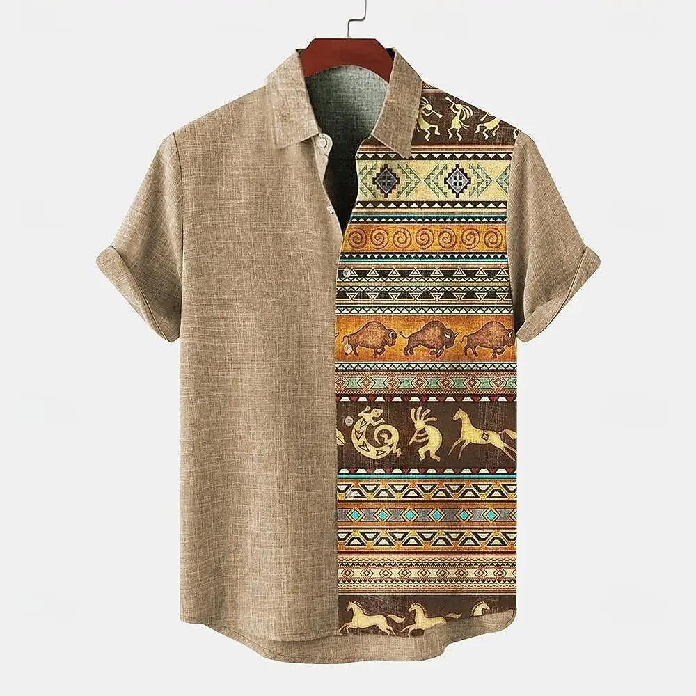Noxwear - Vintage pattern print, fashionable men's short sleeved shirt, loose top, outdoor street, casual and comfortable