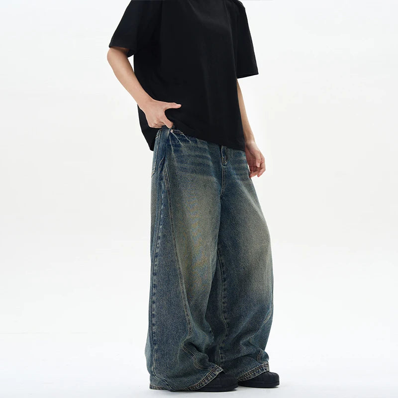 Noxwear - Spring New Men's Jeans Oversized Wide Leg Pants Loose Vintage Patchwork Lightning Cracked Denim Trousers Streetwear Male