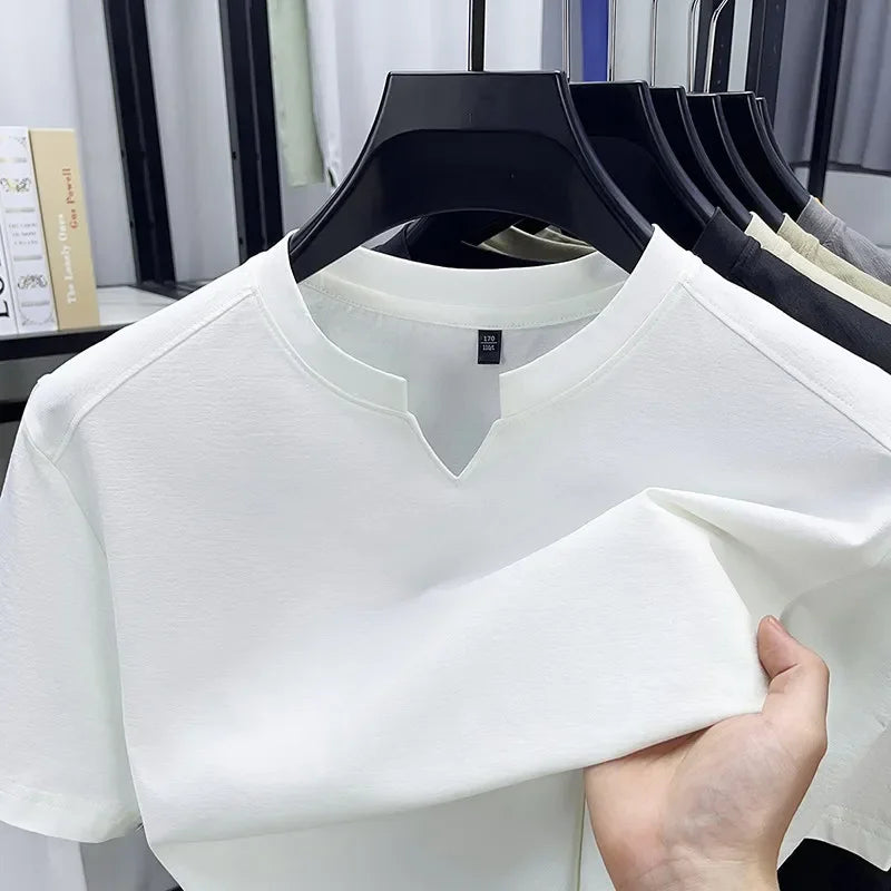 Noxwear - Korean Men's Casual and Fashionable Small V-neck Solid Color Short Sleeved T-shirt Comfortable Summer Versatile Top