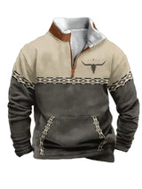 Noxwear - Men'S Vintage Western Hoodie with Aztec Cowboy Design - Beige & Gray Zip-Up Pullover with Pockets, Casual Long Sleeve Outdoor We