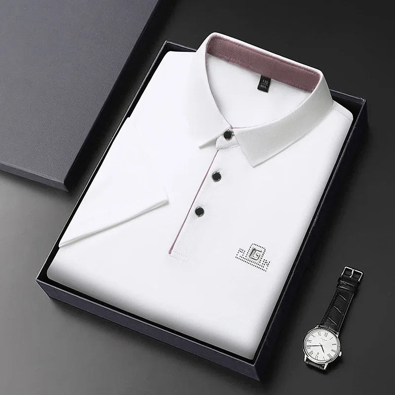 Noxwear - New Men's Business Casual Short Sleeved Shirt with Badge Solid Color Polo Shirt Fashionable Breathable Comfortable Versatile Top