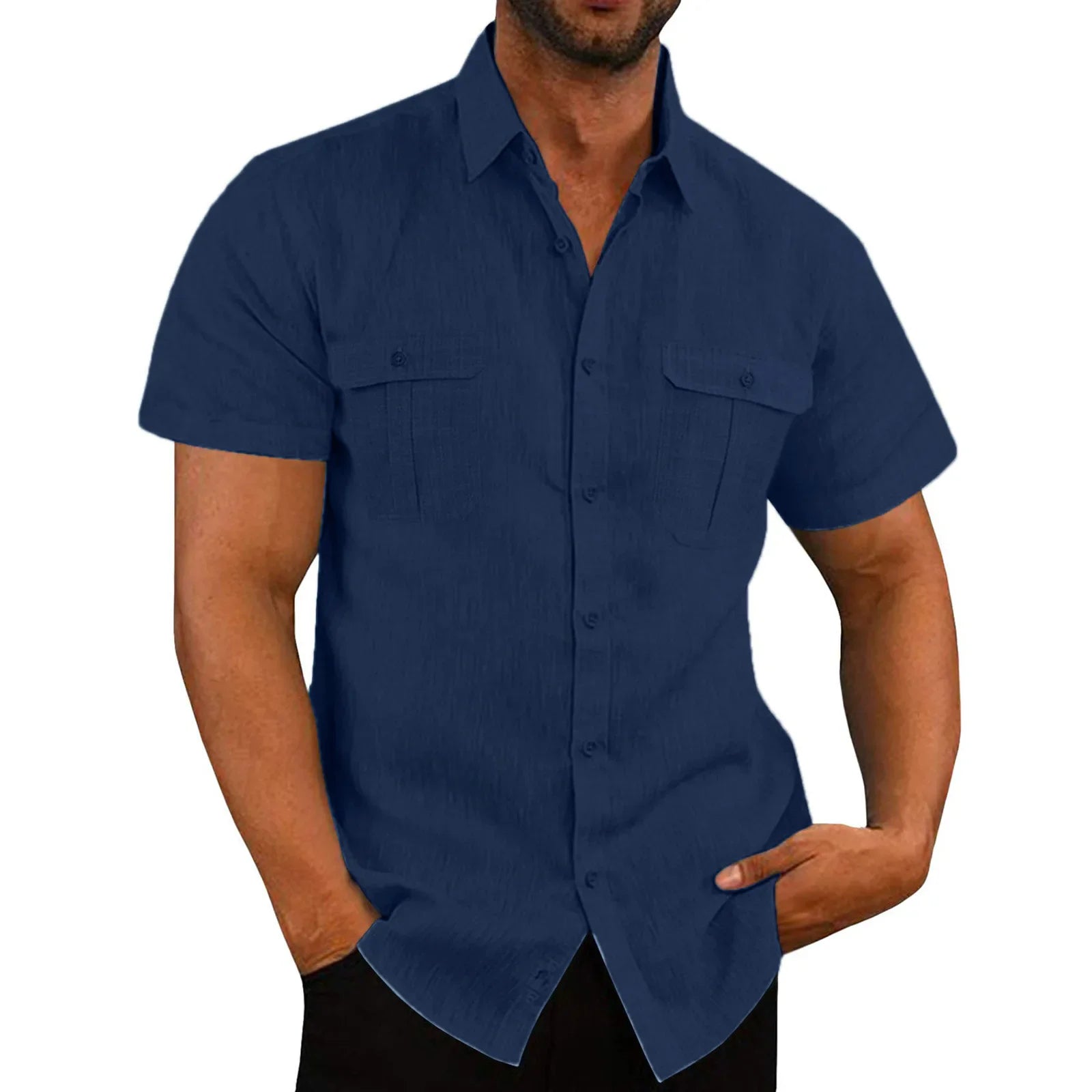 Noxwear - Cotton Linen Hot Sale Men Short-Sleeved Shirts Summer Solid Color Comfort Collar Casual Beach Style Plus SizeMale Shirts M-5XL