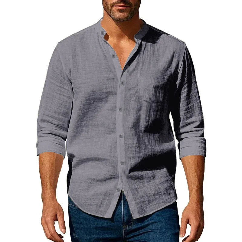 Noxwear - Cotton Linen Shirt for Men Henley Neck Solid Color Lightweight Breathable Slim Fit Single Breasted Shirt Long Sleeve Button Up