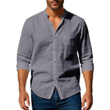 Noxwear - Cotton Linen Shirt for Men Henley Neck Solid Color Lightweight Breathable Slim Fit Single Breasted Shirt Long Sleeve Button Up