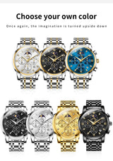 Noxwear - OLEVS Top Luxury Brand Men's Watches Moon Phase Chronograph Quartz Watch for Man Gold Stainless Steel Luminous Original Watch