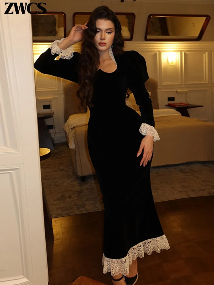 Noxwear Square Collar Puff Sleeve Women Dress Patchwork Slim Pleated Lady Maxi Dresses 2026 Elegant Spring Vintage Female Vestidos