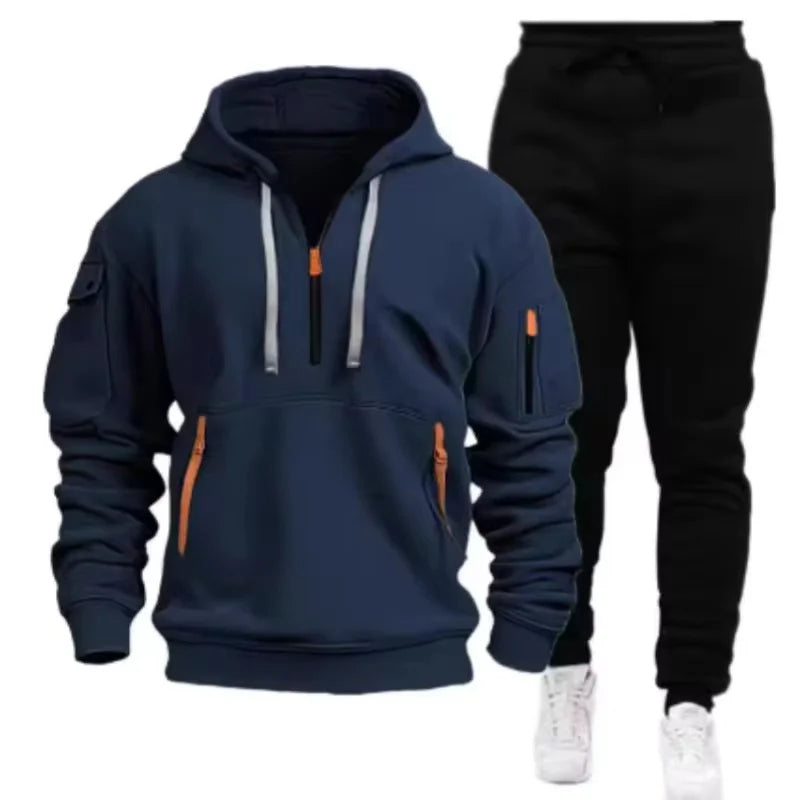 Noxwear-Men new autumn and winter multi-pocket zipper long-sleeved hoodie + sports and leisure pants two-piece fitness jogging suit