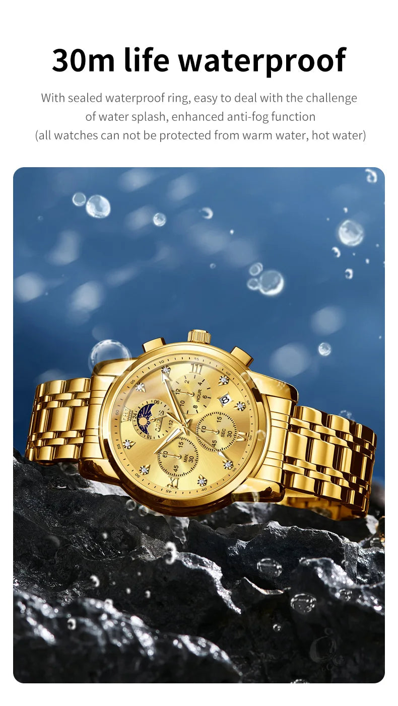 Noxwear - OLEVS Top Luxury Brand Men's Watches Moon Phase Chronograph Quartz Watch for Man Gold Stainless Steel Luminous Original Watch
