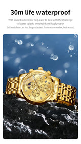 Noxwear - OLEVS Top Luxury Brand Men's Watches Moon Phase Chronograph Quartz Watch for Man Gold Stainless Steel Luminous Original Watch