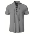 Noxwear - Men's Retro Shirt Short Sleeve Cotton Linen Lightweight Breathable Solid Color Fashion Tops Pirate V-neck Male Stylish Shirs