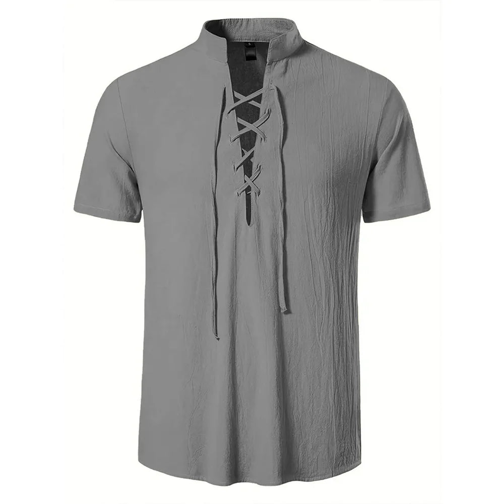 Noxwear - Men's Retro Shirt Short Sleeve Cotton Linen Lightweight Breathable Solid Color Fashion Tops Pirate V-neck Male Stylish Shirs