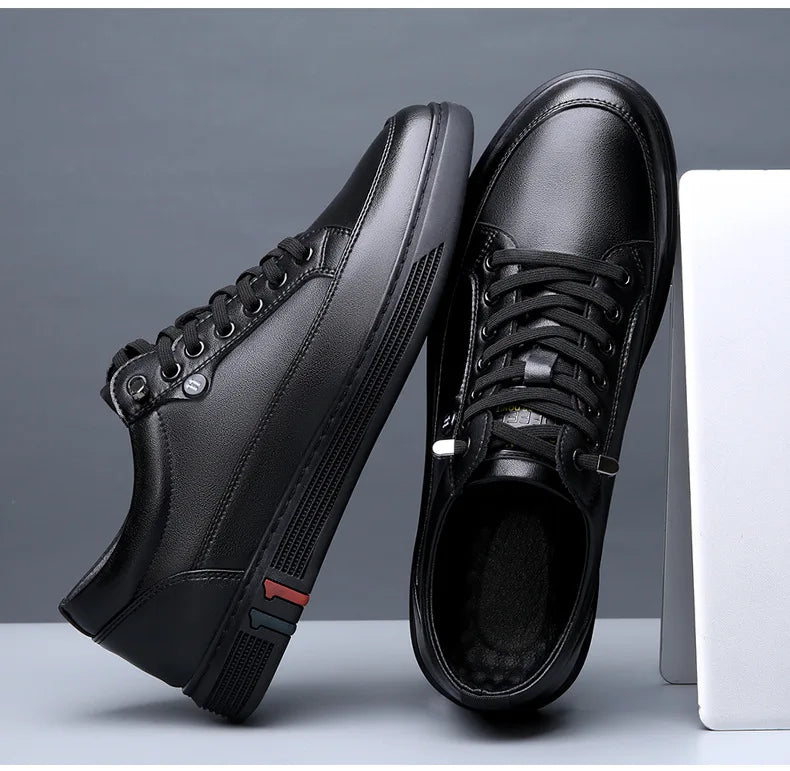 Noxwear - New Shoes for Men Genuine Leather Casual Shoes Spring Autumn Cool Black Flat Skateboard Shoes Youth Fashion Slip-on Sneakers