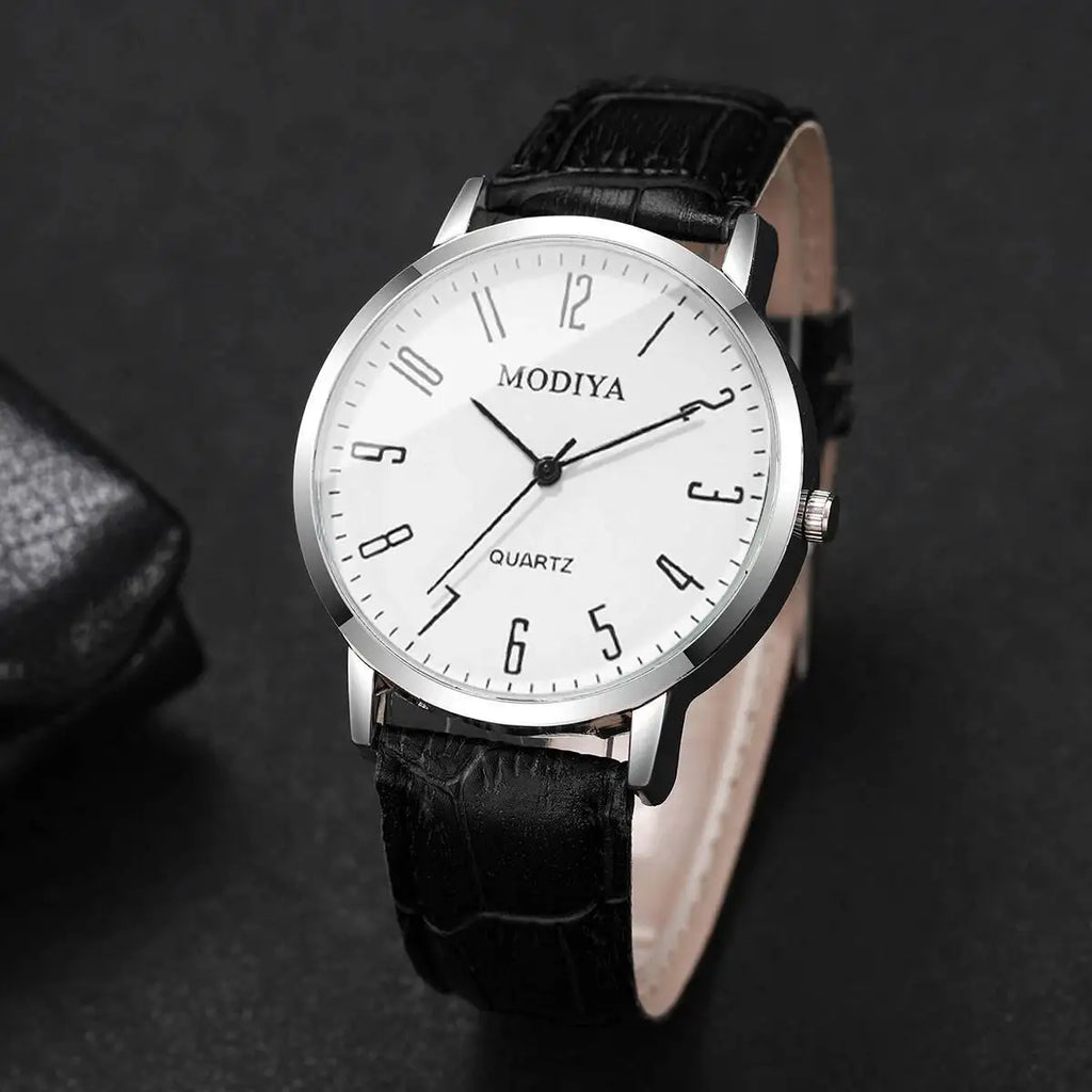 Noxwear - 3PCS/Set Fashio Arabic Dial Men Business Watches Casual Leather Strap Quartz Wristwatches Reloj Hombre（Without Box）