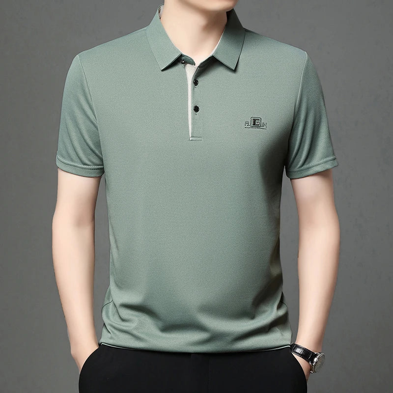 Noxwear - New Men's Business Casual Short Sleeved Shirt with Badge Solid Color Polo Shirt Fashionable Breathable Comfortable Versatile Top