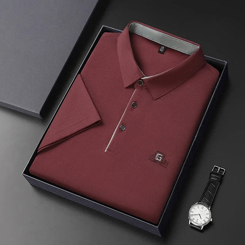 Noxwear - New Men's Business Casual Short Sleeved Shirt with Badge Solid Color Polo Shirt Fashionable Breathable Comfortable Versatile Top
