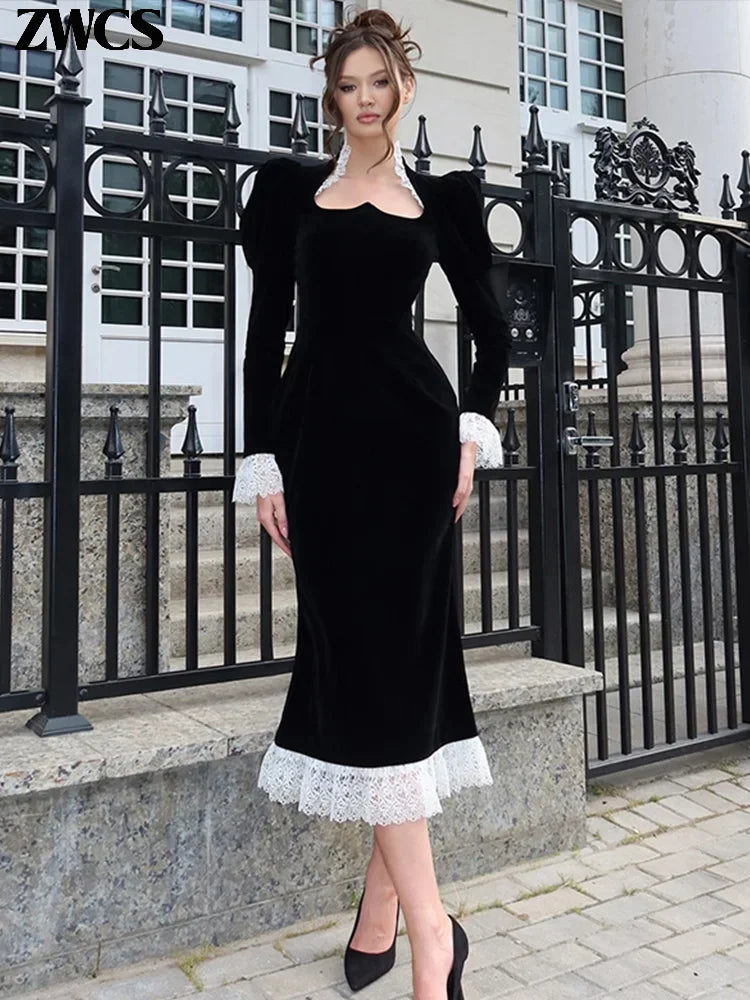 Noxwear Square Collar Puff Sleeve Women Dress Patchwork Slim Pleated Lady Maxi Dresses 2026 Elegant Spring Vintage Female Vestidos
