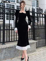 Noxwear Square Collar Puff Sleeve Women Dress Patchwork Slim Pleated Lady Maxi Dresses 2026 Elegant Spring Vintage Female Vestidos