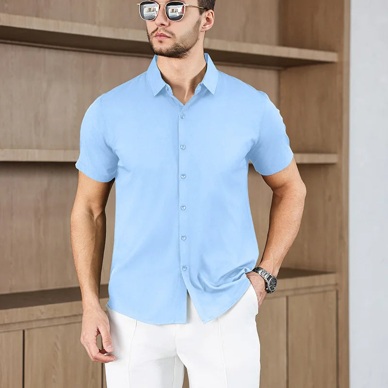 Noxwear -New Men's Business Casual Solid Color Short Sleeved Shirt for Summer Fashion No Ironing Comfortable and Versatile Top