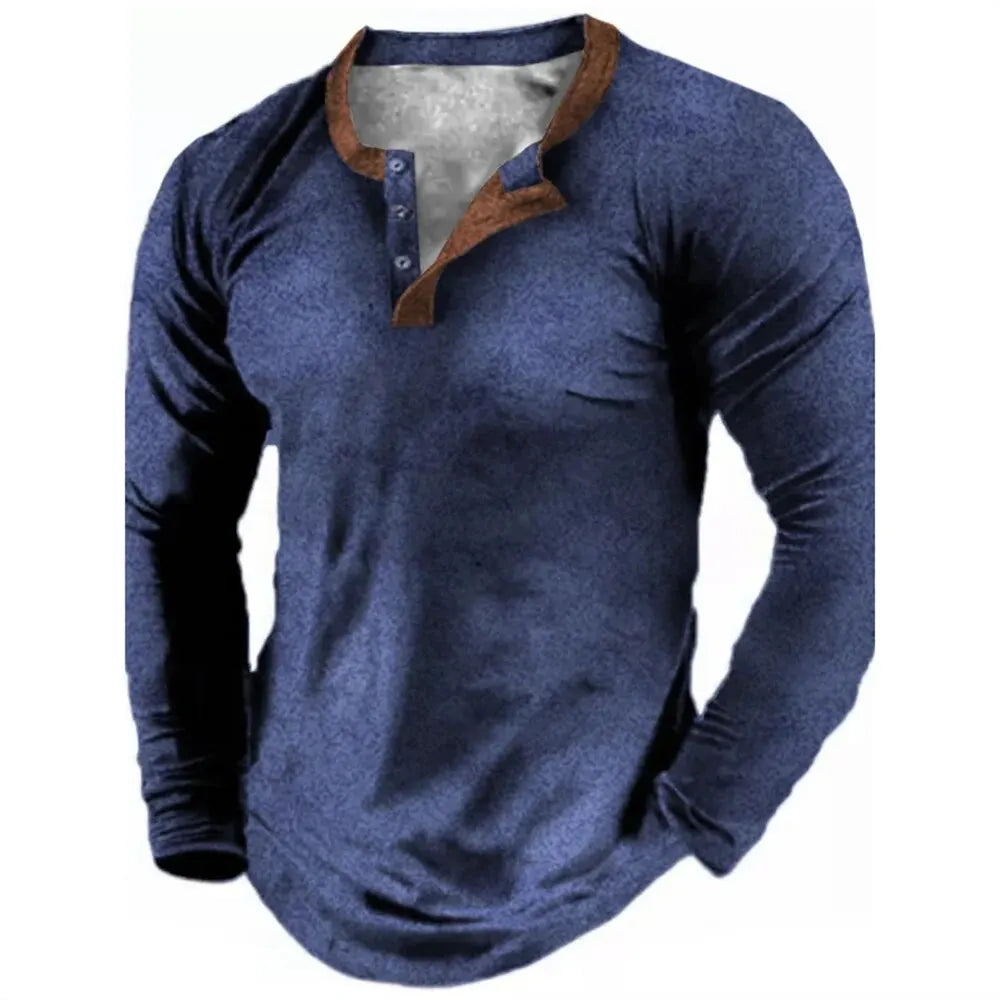 Noxwear - Spring Autumn Solid Color Henley Shirts 3D Printed Men's Fashion Vintage Button-Down Long Sleeve T Shirt Man Tees Tops Clothing