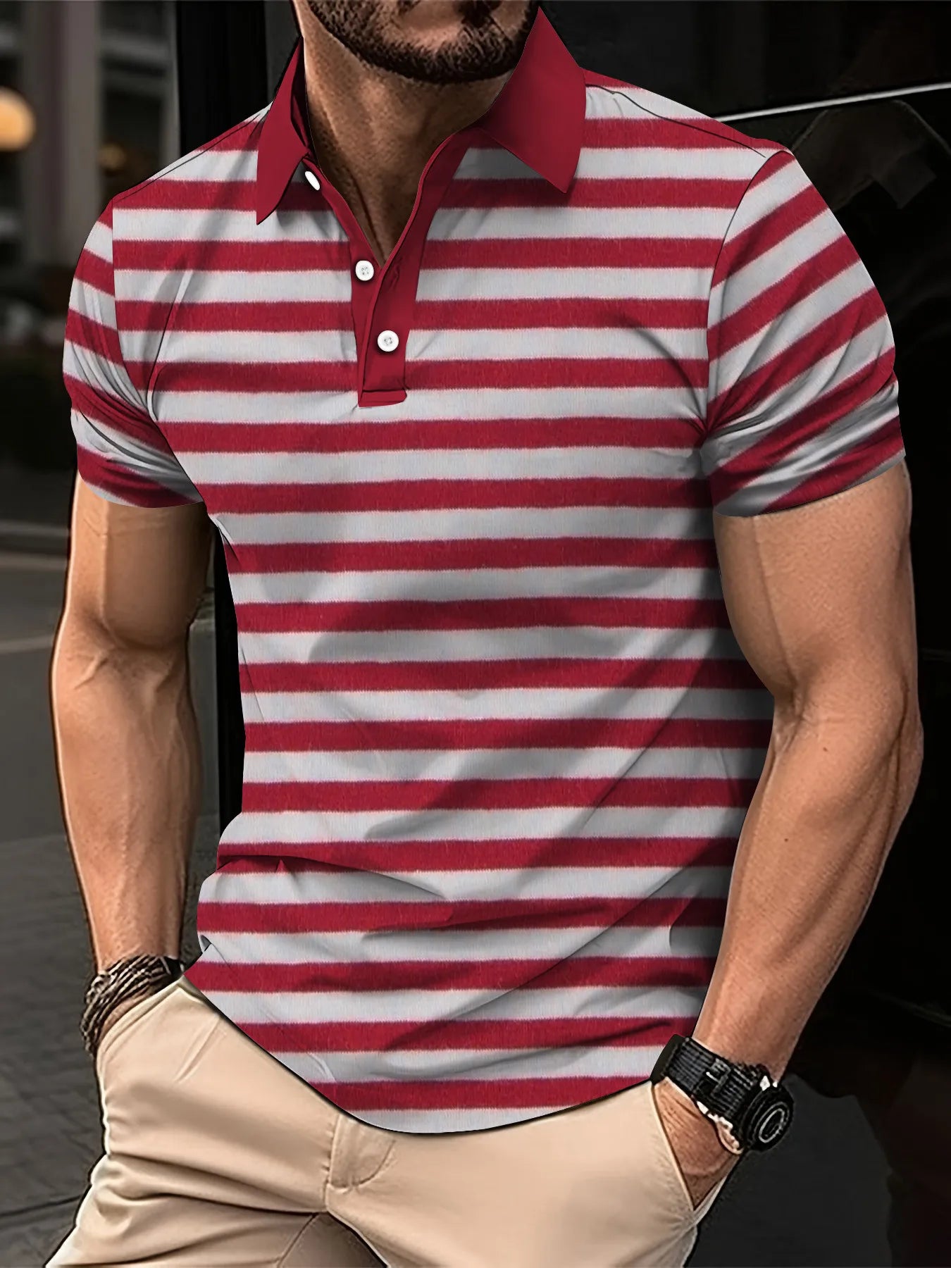 Noxwear - Men's Short Clothes Sleeved Lapel 3D Digital Printed Striped Polo Shirt Summer  Man's Business Casual Top Clothes Oversized