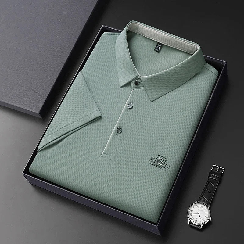 Noxwear - New Men's Business Casual Short Sleeved Shirt with Badge Solid Color Polo Shirt Fashionable Breathable Comfortable Versatile Top