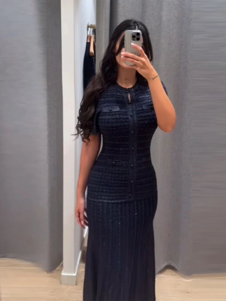 Noxwear Vintage Textured High Street A Line Vistidos Women's Chic Short Sleeve Bodycon Long Dress 2026 Casual Single Breasted Dresses