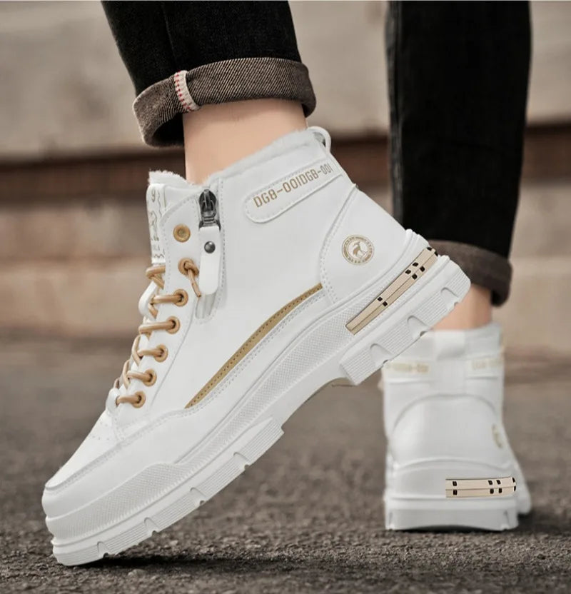 Noxwear - Winter Mens Warm Ankle Boots Fashion Versatile White Leather Shoes Outdoor Non-slip Sneakers for Man Motocycle Snows Boots Botas