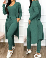 Noxwear Two Piece Set Women Outfit 2023 Spring Fashion Drawstring Pocket Design U-Neck Sleeveless Skinny Jumpsuit & Long Sleeve Coat Set