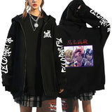 Noxwear Anime Hoodies in black with white sleeve and chest logo print, featuring zip‑up front for comfort and bold colorful back graphic with anime‑inspired design.