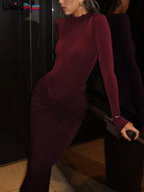 Noxwear Weird Puss Hipster Ruched Dress Women o-NeckFull Sleeve  Skinny Stretch Robe Autumn Trend Simple Classic Pleats Long Bodycon