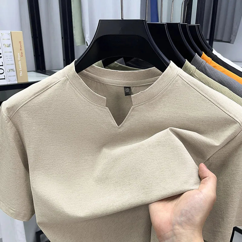 Noxwear - Korean Men's Casual and Fashionable Small V-neck Solid Color Short Sleeved T-shirt Comfortable Summer Versatile Top