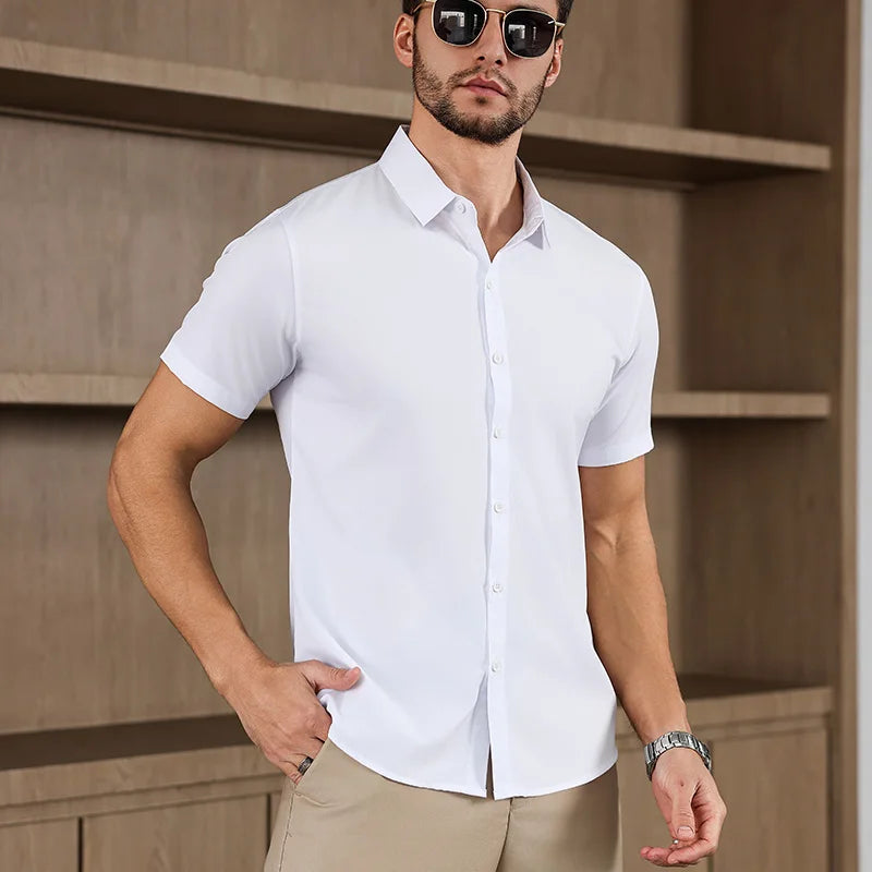Noxwear -New Men's Business Casual Solid Color Short Sleeved Shirt for Summer Fashion No Ironing Comfortable and Versatile Top