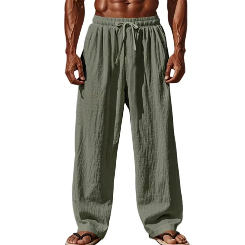 Noxwear -  New Men Cotton and Linen Casual Pants Simple and Comfortable Straight Leg Pants Waist Drawstring Plus Size Looser S-4XL