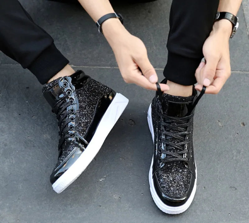 Noxwear - Men's Boots Nightclubs Fashiona Sequins With Diamonds Gold Leather Boots Trendy High Top Sports Casual Shoes Large Size 38-48